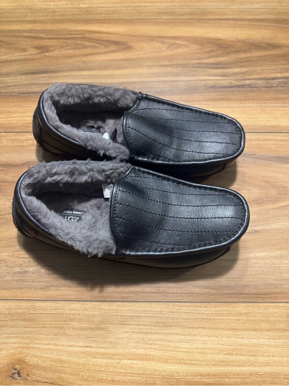 UGG Men’s Black Leather Slip-On Loafers with Gray Shearling Lining
